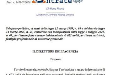 Agenzia delle entrate- selzione pubblica Area Assistenti riservato a persone con disabilità (L. 68/99)
